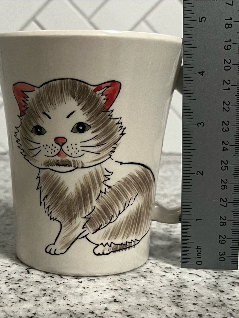 Pier 1 Imports Hand Painted Gray Cat Stoneware Coffee Mug Tail Handle 12 oz